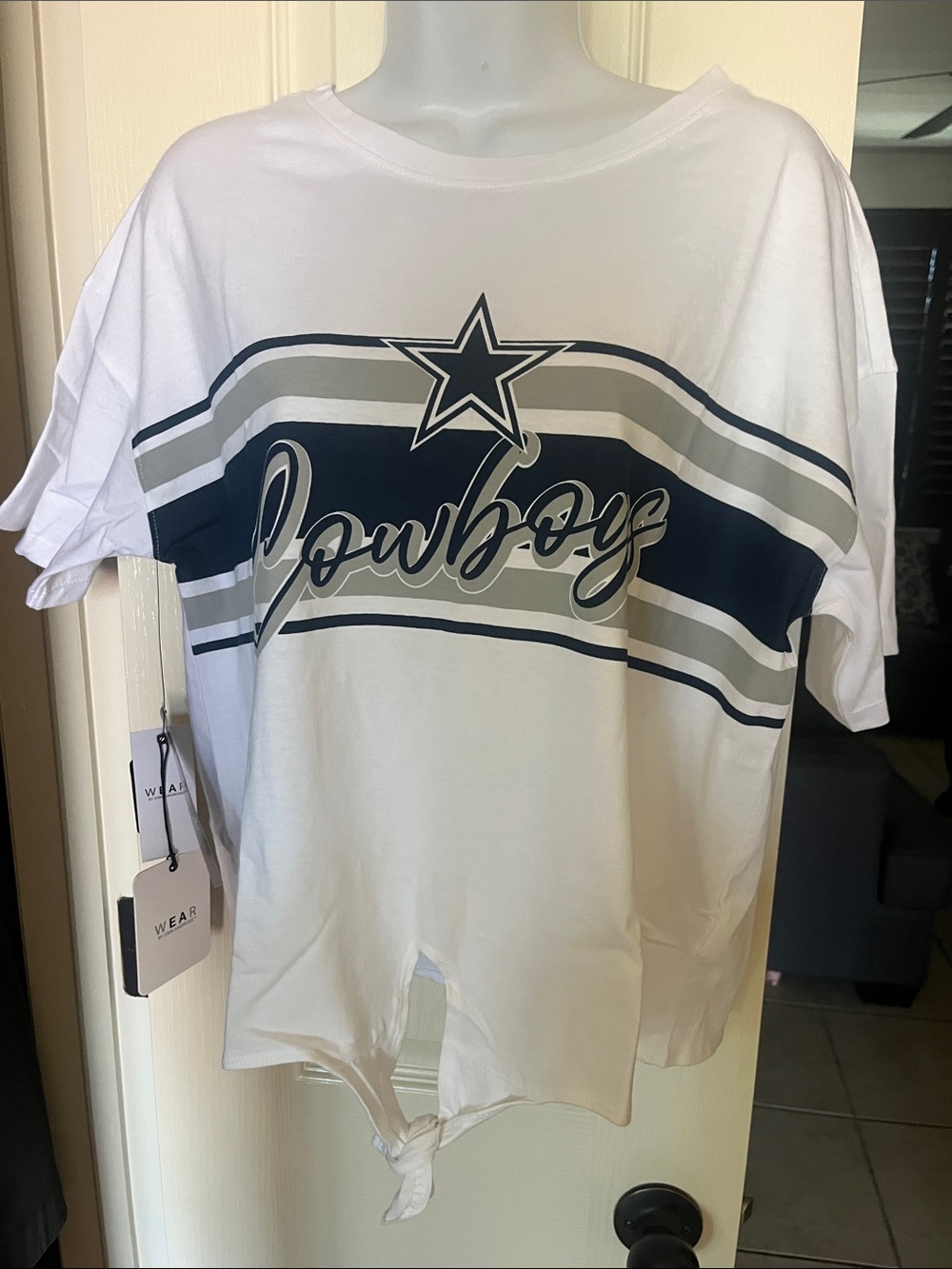 NWT- NFL Dallas Cowboys White Short Sleeve Tee with Navy and Gray Stripes